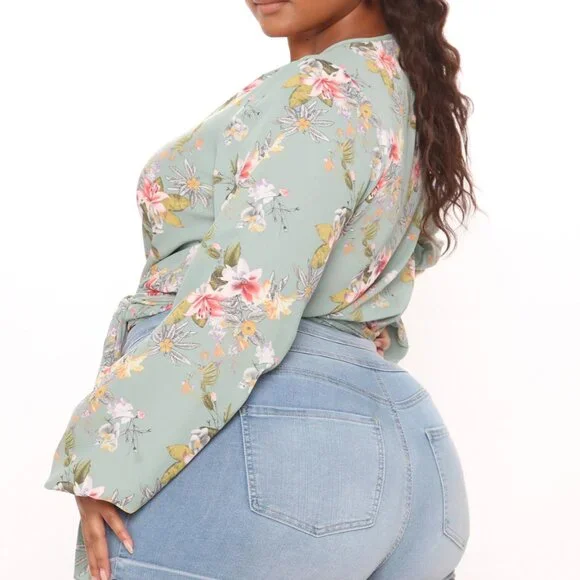 Floral Green Surplice Top - Picture 6 of 13